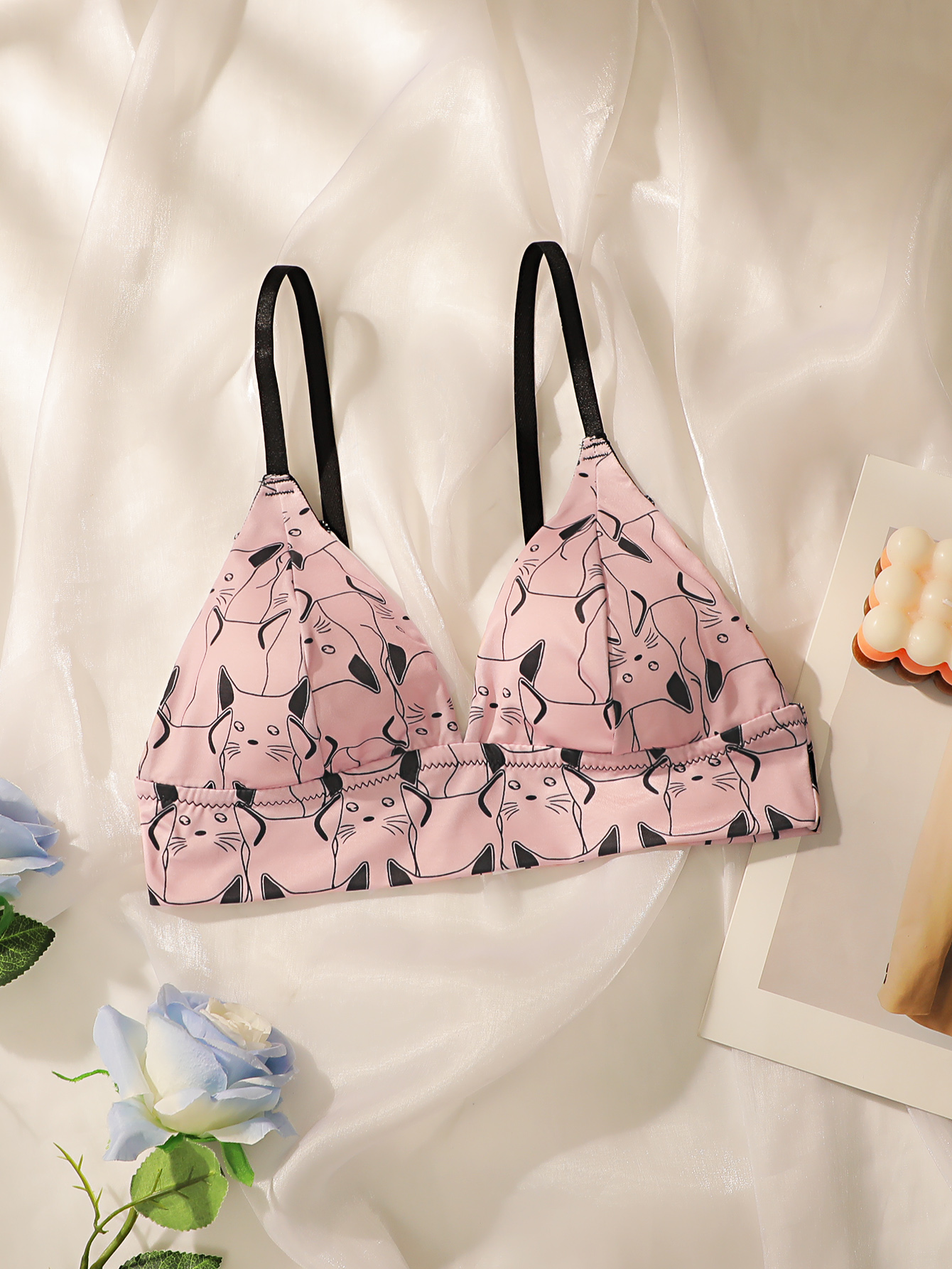 Kawaii Cat Print Triangle Bral - Bralette Wireless Soft ulasan dan harga