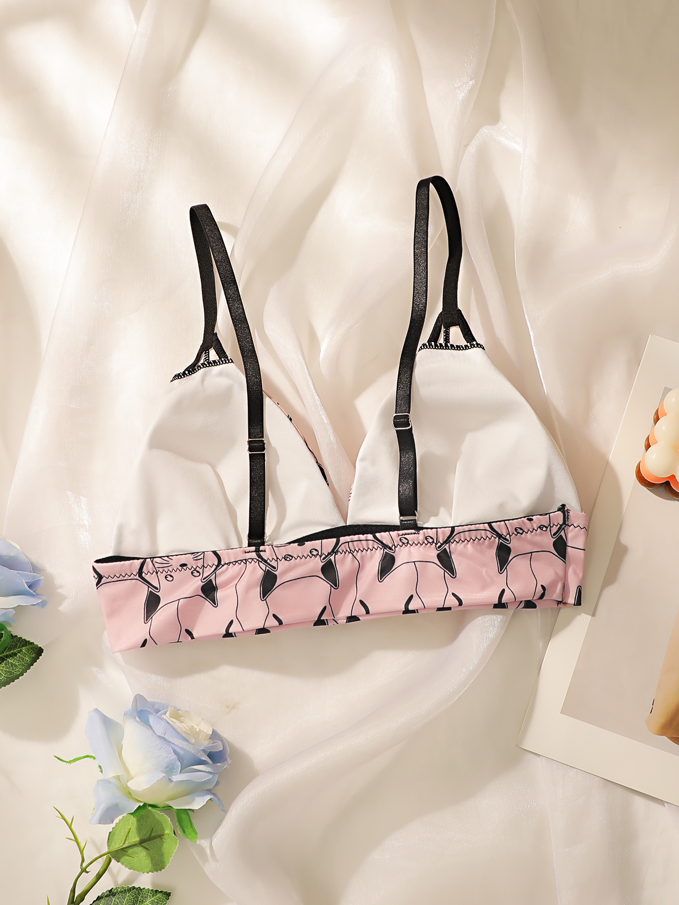 Kawaii Cat Print Triangle Bral - Bralette Wireless Soft ulasan dan harga
