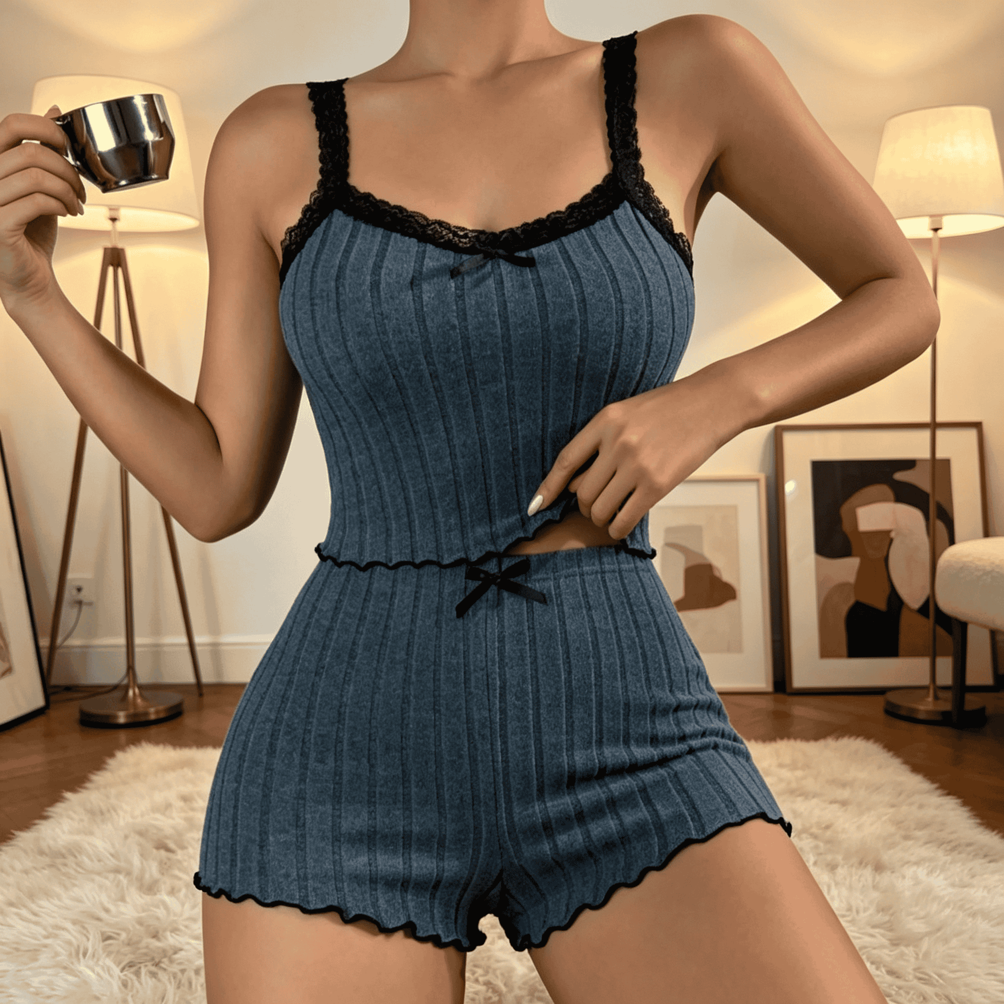 Women Cute Summer Ribbed Knit  - Cami Top Lace ulasan dan harga